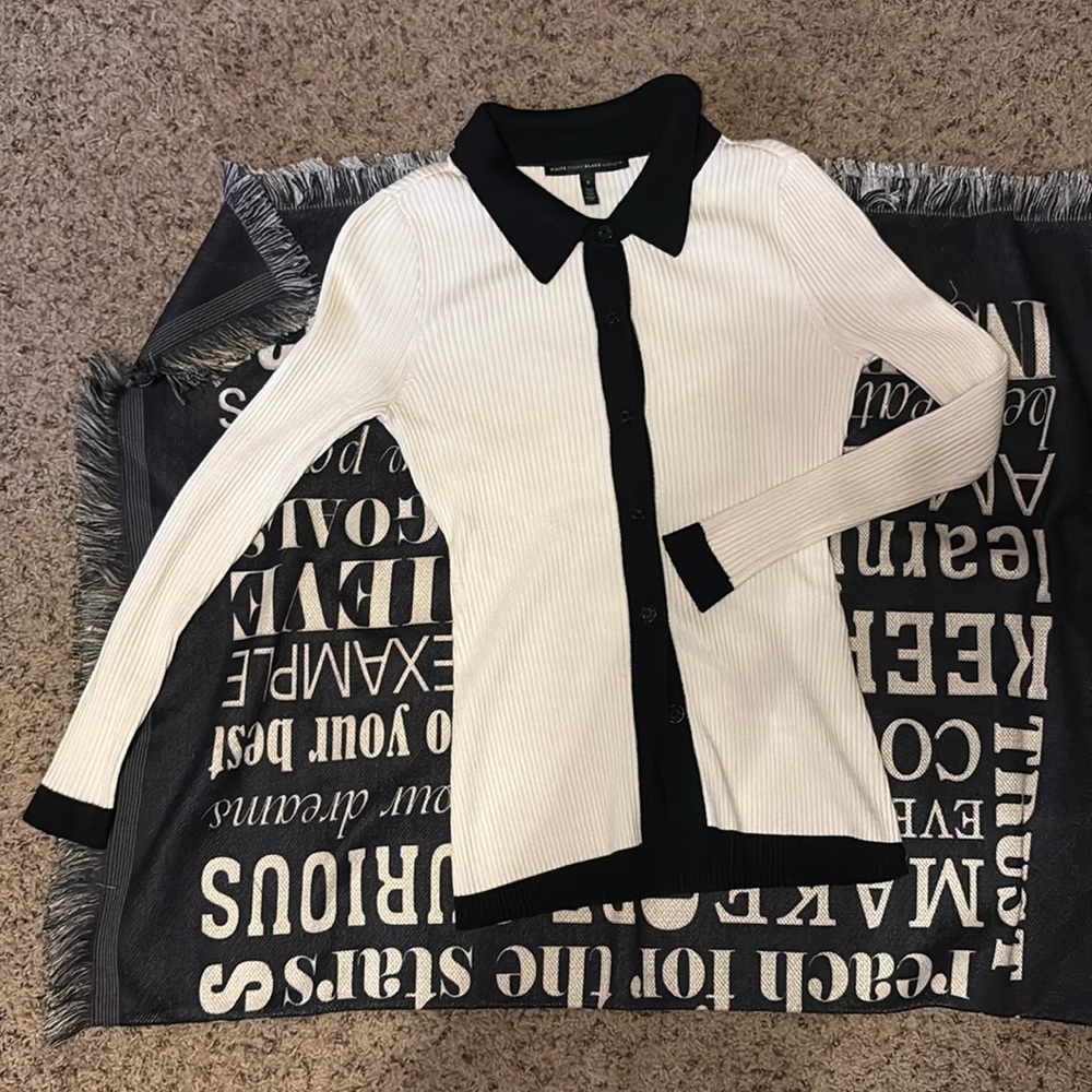 White House Black Market Women’s S ribbed white cardigan with Black Trim